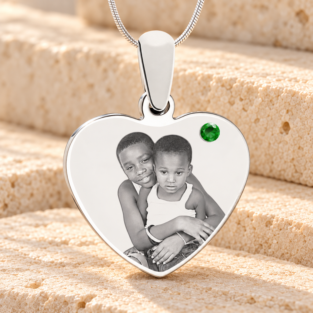 May Birthstone Heart Photo Engraved Stainless Keepsake — main product image