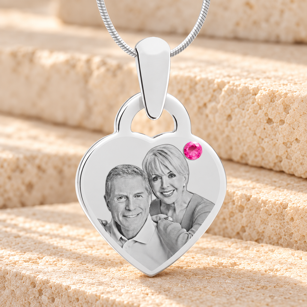 Birthstone Small Heart October Picture Engraved Stainless Keepsake — main product image