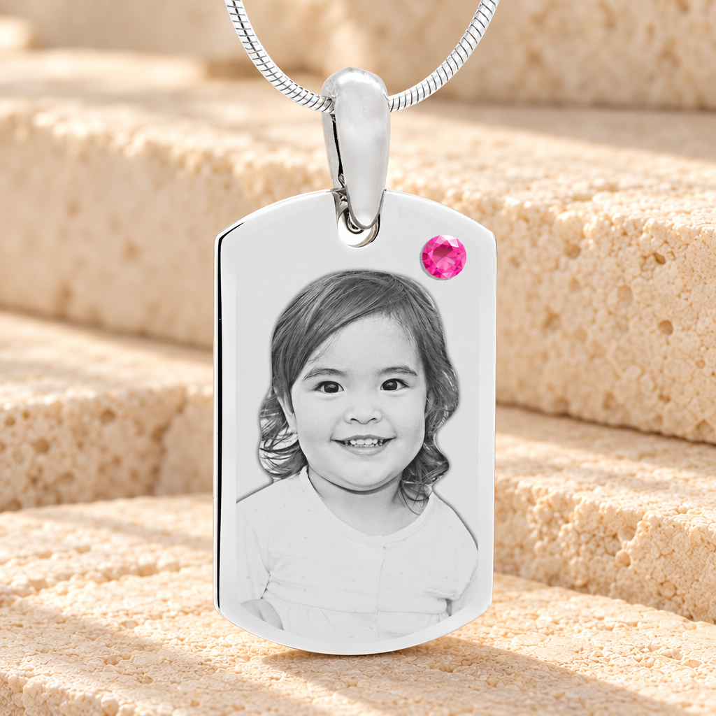 Birthstone Small Dog Tag October Stainless Steel Photo Pendant — main product image
