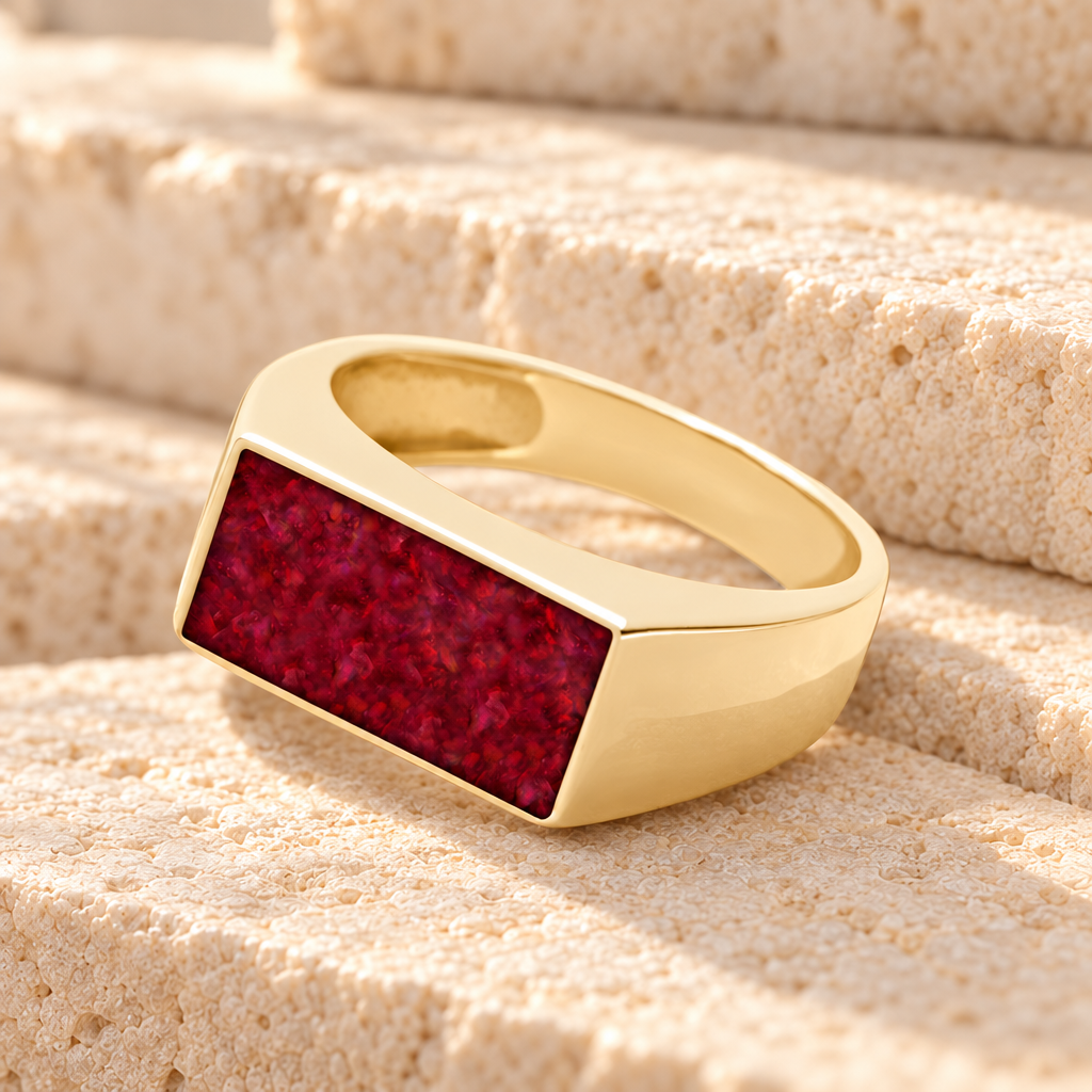 Solid 14K Gold Men's Drexel Ash Ring with Scarlet Pearl Opal — main product image