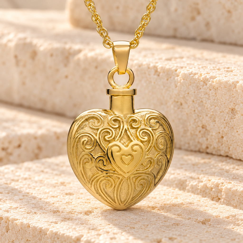14K Gold Plated Filigree Love Heart Cremation Keepsake — main — evr196gv