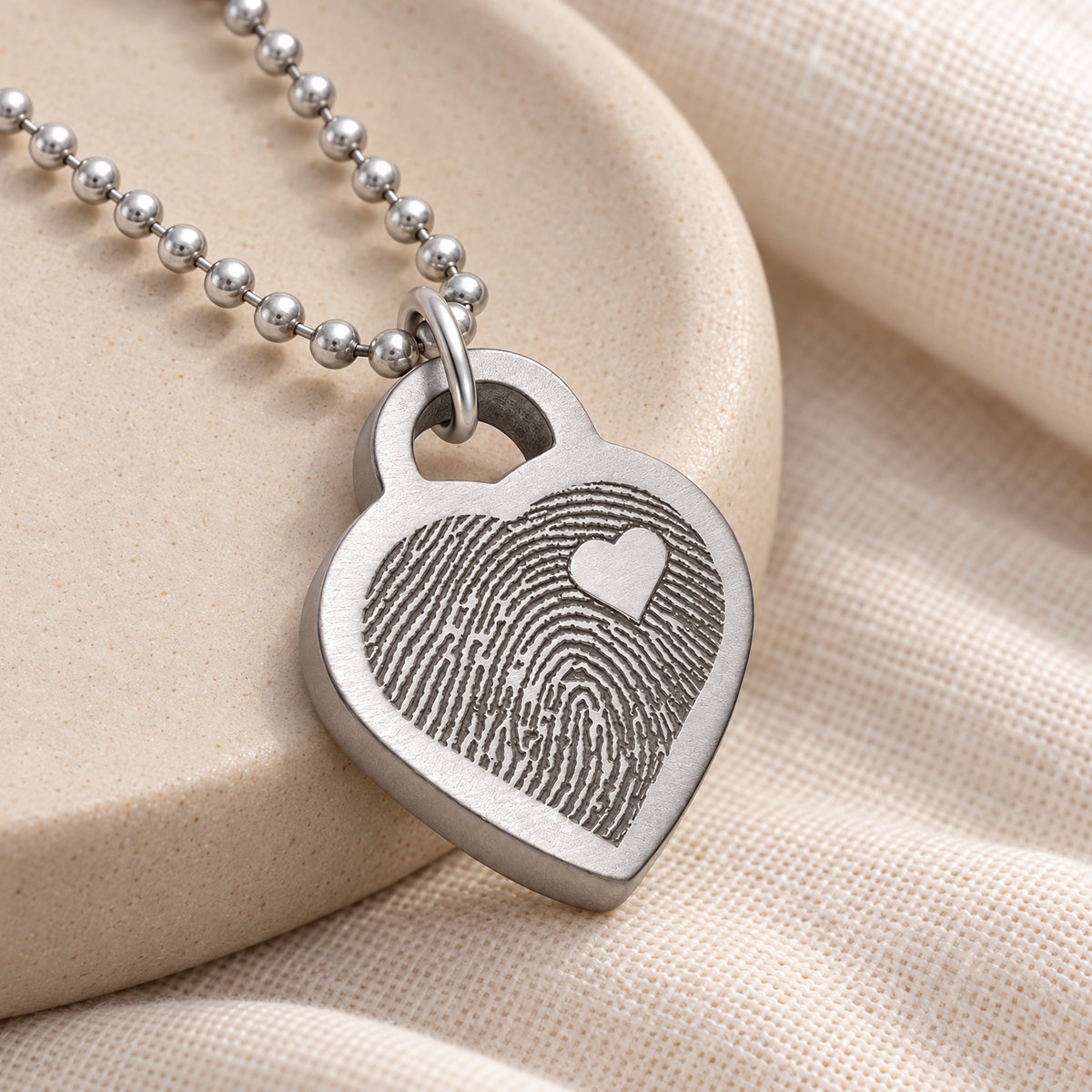 Brushed Thick Stainless Steel Small Heart Fingerprint Necklace — alternate view — evr4894fp