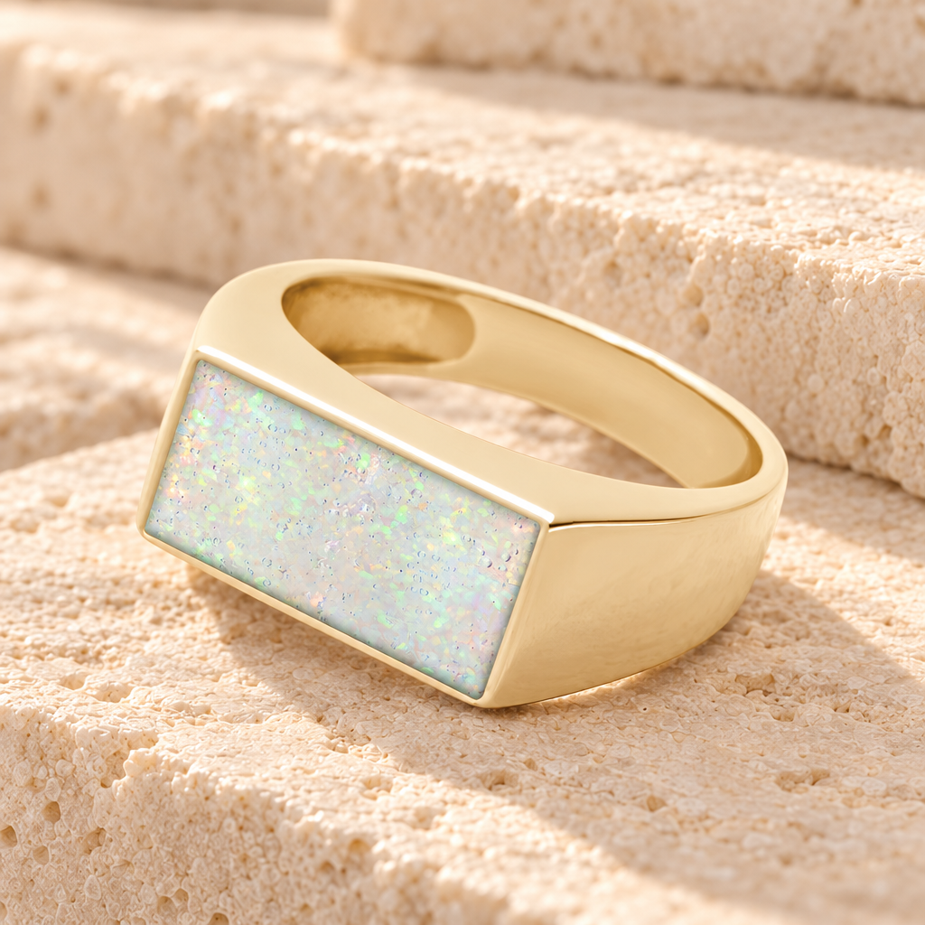 Solid 14K Gold Men's Drexel Ash Ring with Crushed Cream Opal — main product image