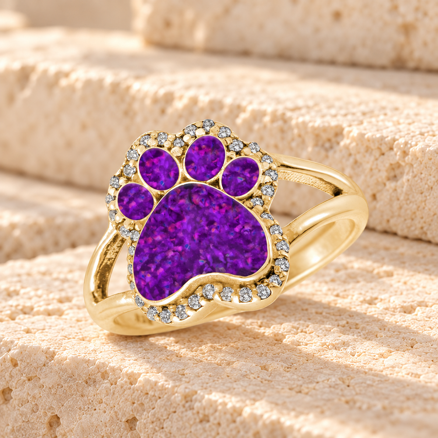 Solid 14K Gold Women's Paw Print Ash Ring with Lilac Pearl Opal