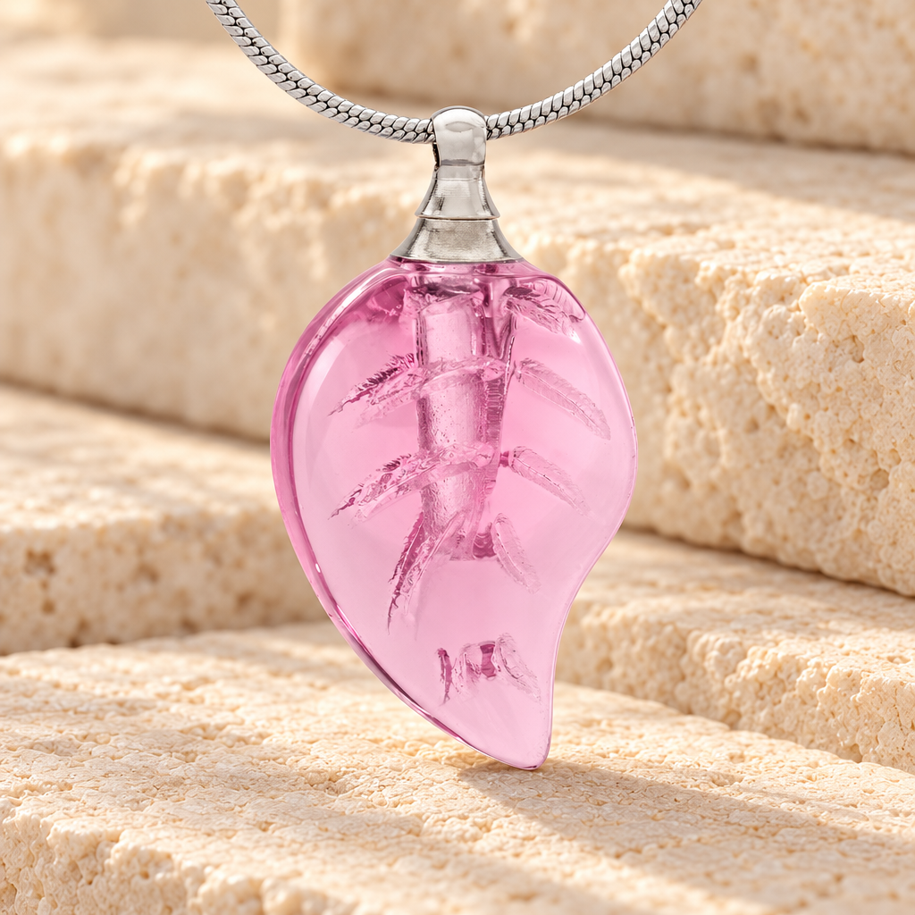 Glass Locket Pink Leaf Cremation Jewelry — main — evr2533p