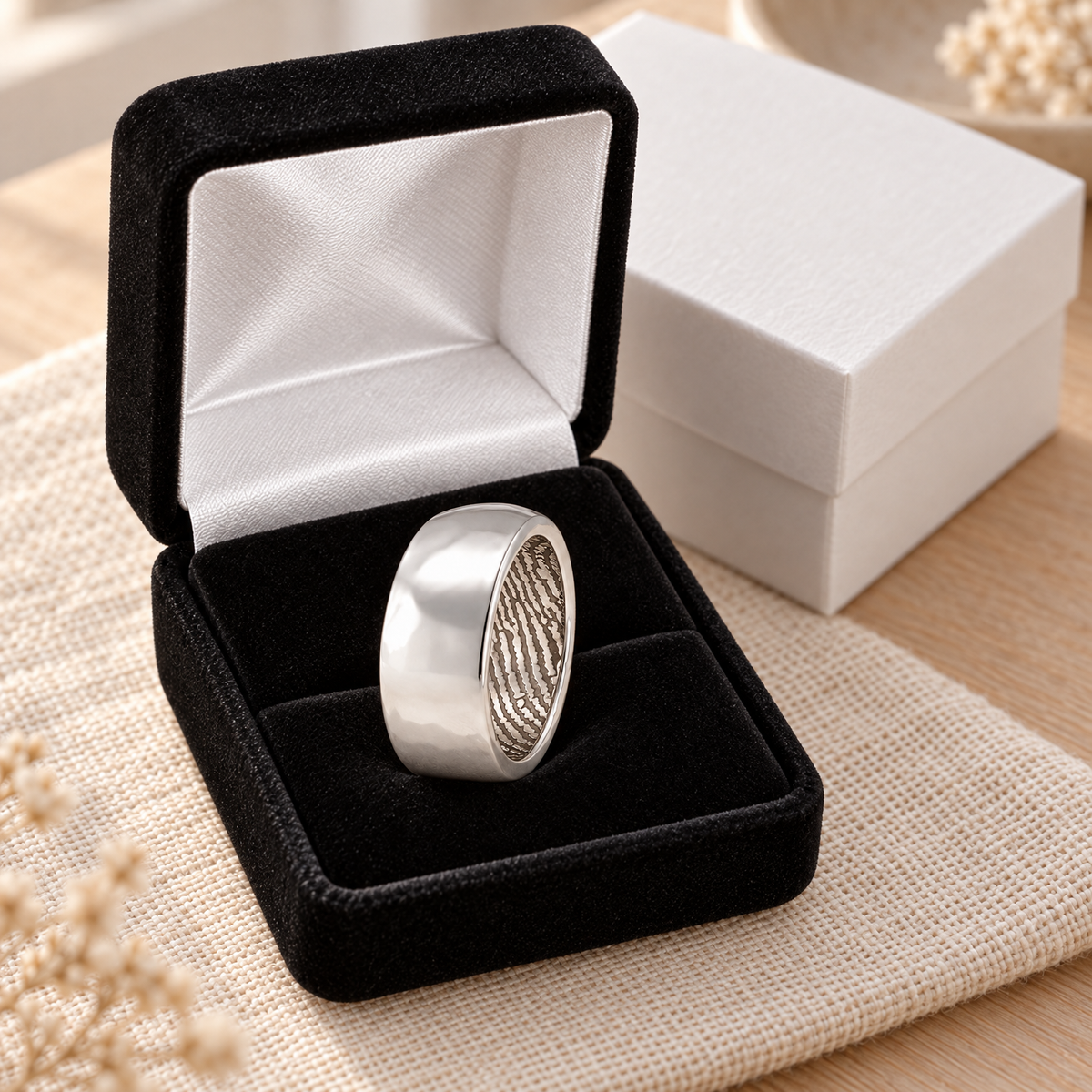 Sterling Silver Shaped Men's Band with Fingerprint Ring — gift box — evr30007s