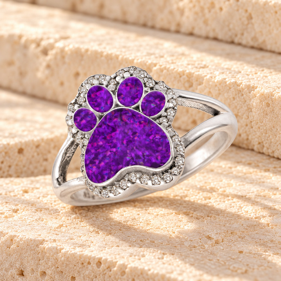 Women's Sterling Silver Paw Print Ash Ring with Lilac Pearl Opal