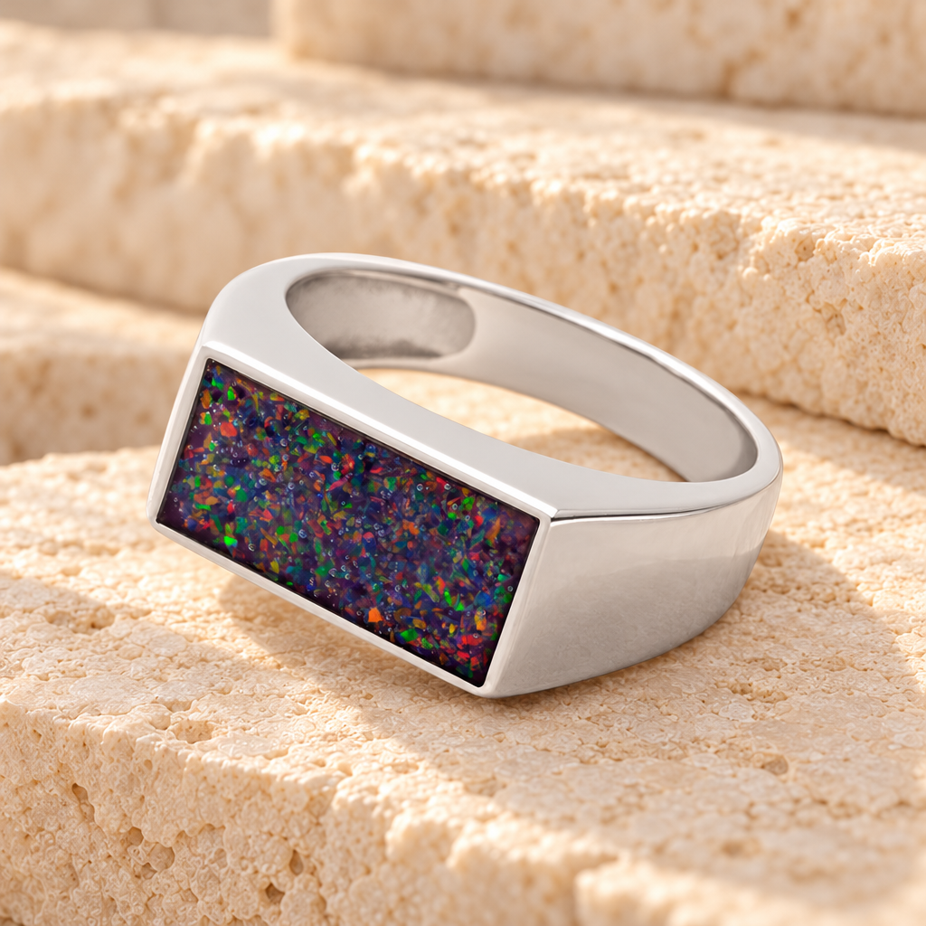 Men's Sterling Silver Drexel Ash Ring with Black Flame Opal — main product image