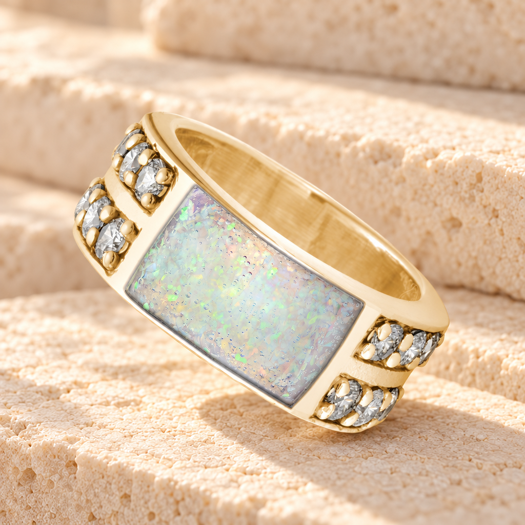 Solid 14K Gold Men's Yellowstone Ash Ring with Crushed Cream Opal — main product image
