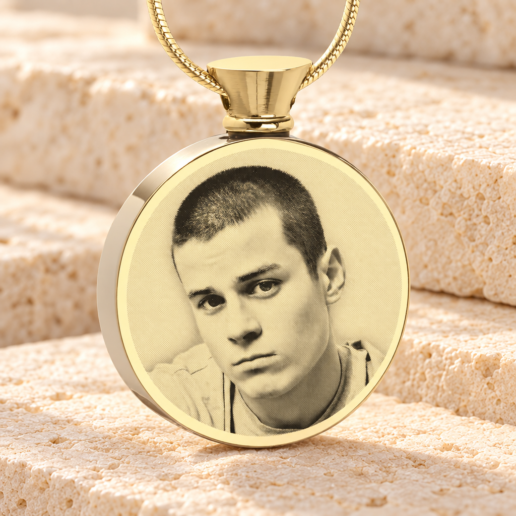 Round Gold Plated Photo Engraved Ash Pendant — main — evr6411g