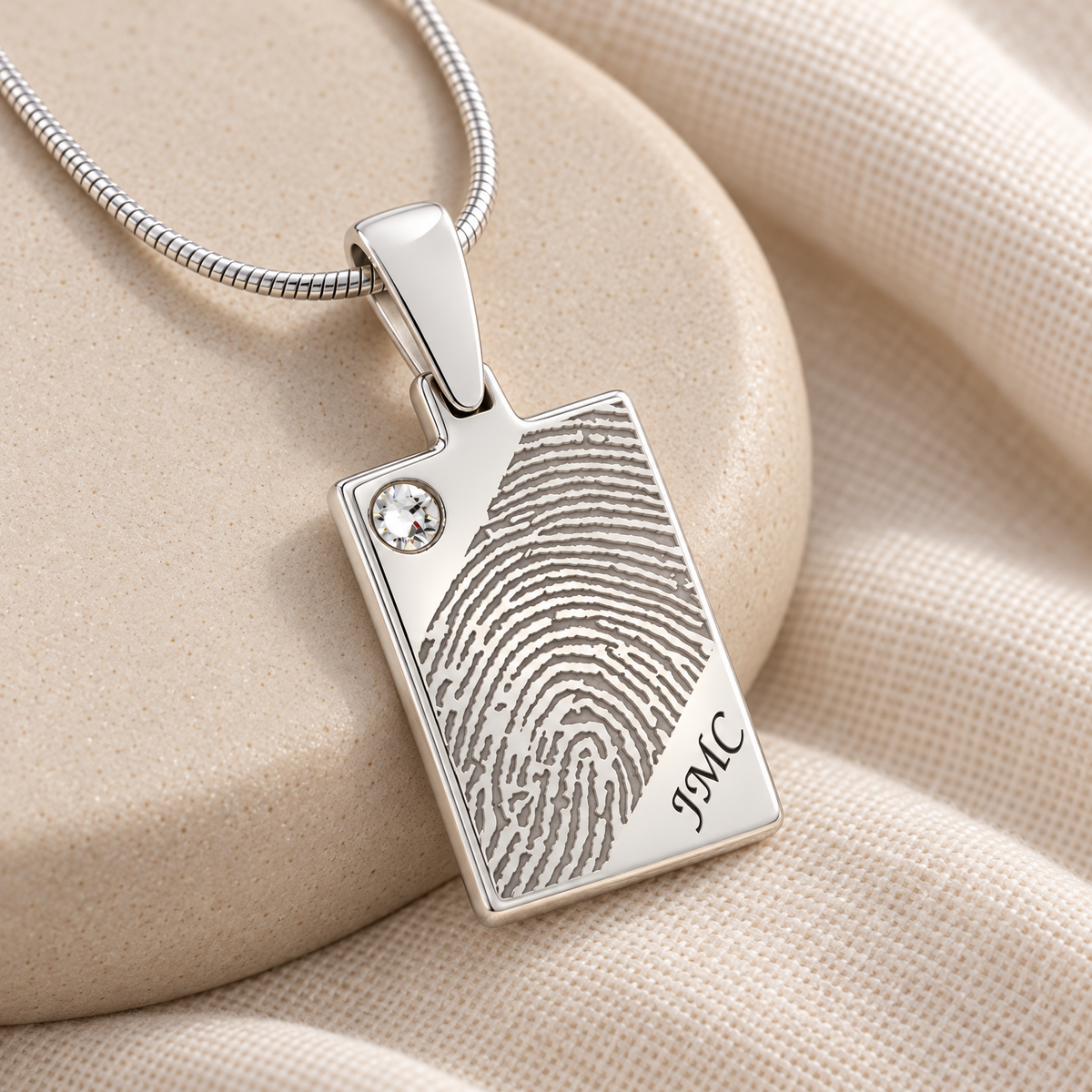 Birthstone Rectangle Silver Fingerprint Necklace — alternate view — evr4720ss