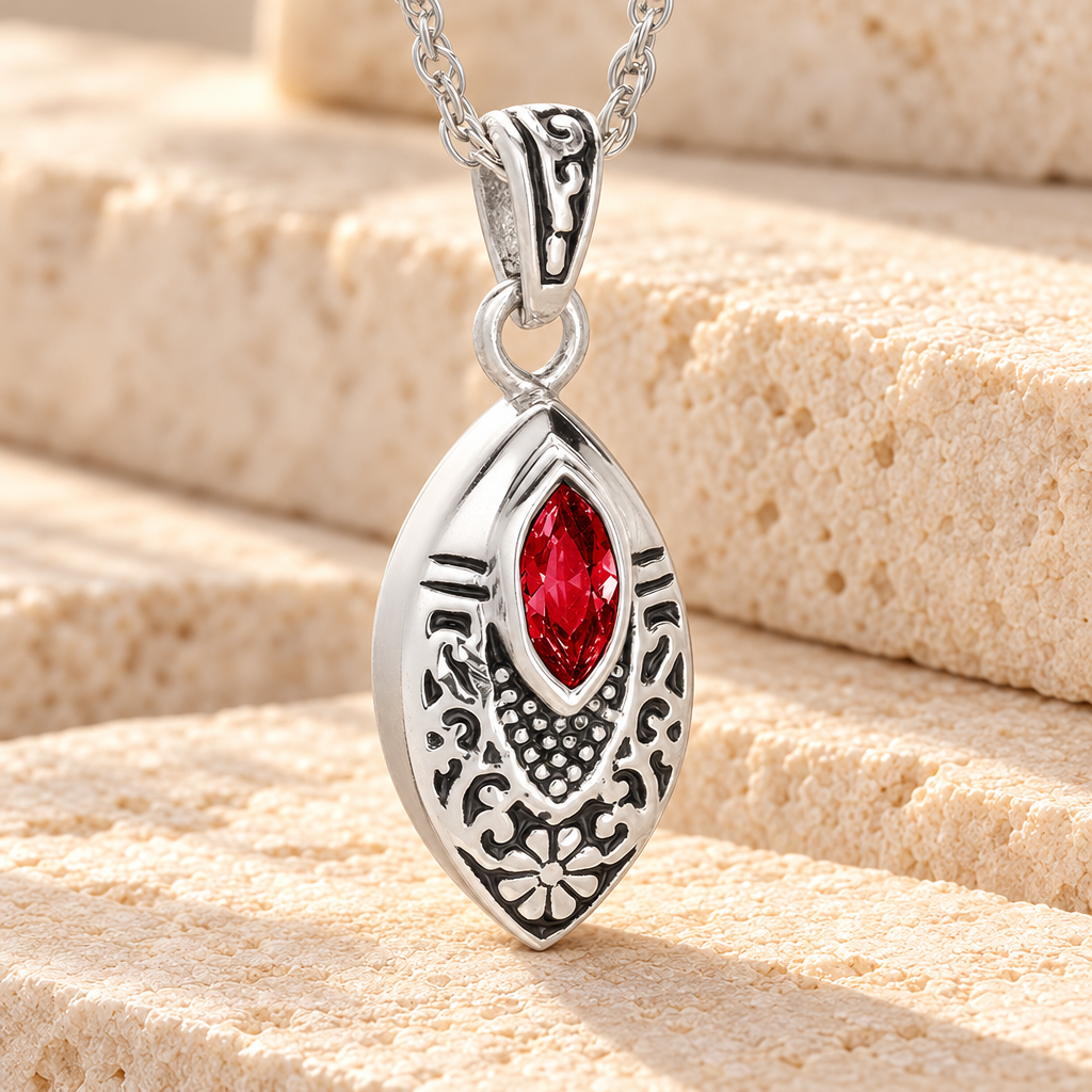 Stainless Steel Ornamental Teardrop with Red Stone Pendant Keepsake — main — evr6381red