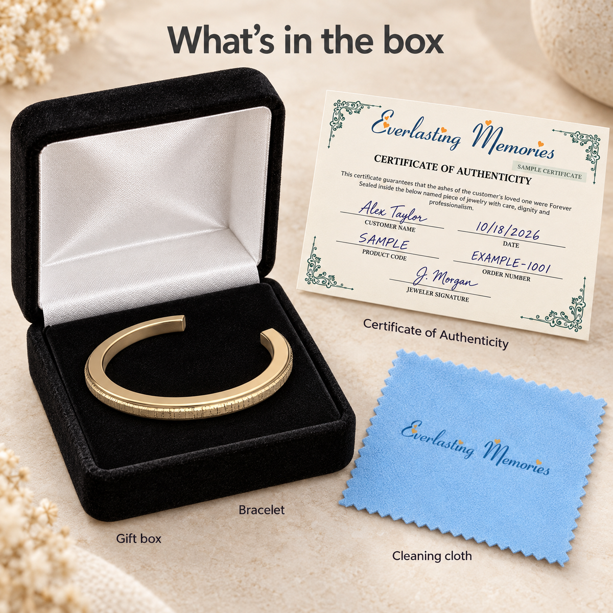 Solid 14K Gold Textured Cuff Forever Sealed Memorial Bracelet — whats in box — evr20046kgfs