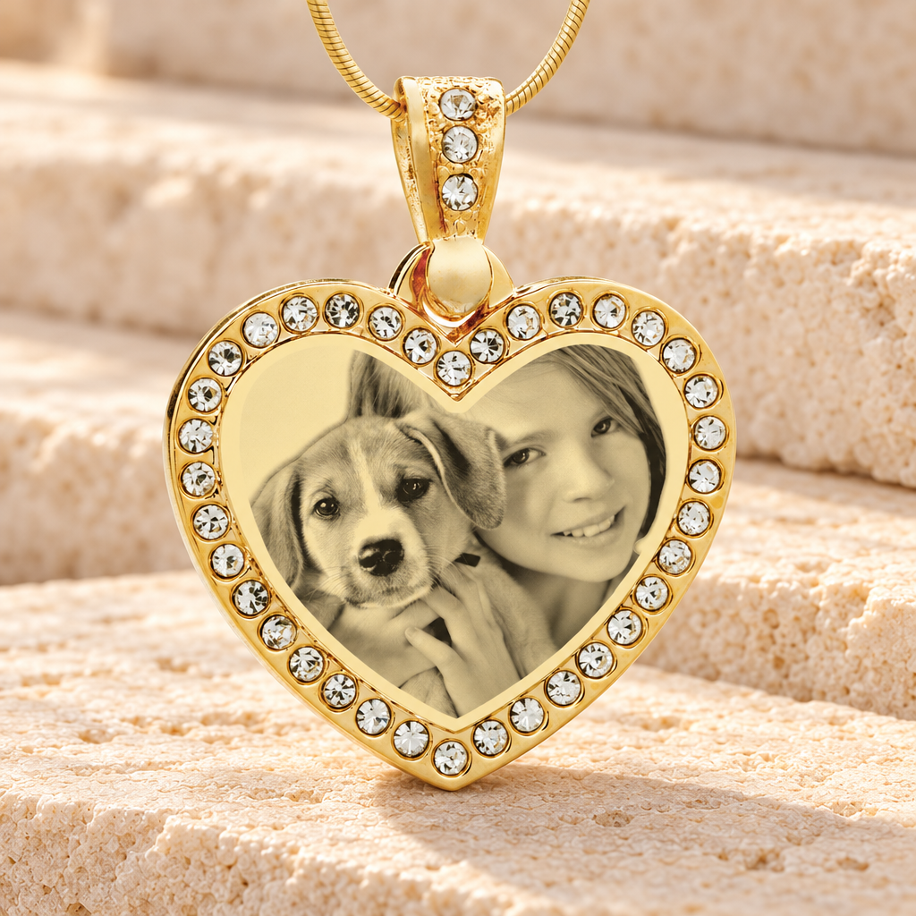 Gem Heart Photo Engraved Gold Plated over Stainless Pet Keepsake — main — evr6559g