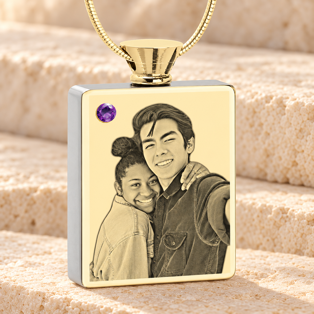 February Birthstone Rectangle Gold Plated Photo Engraved Ash Pendant — main product image