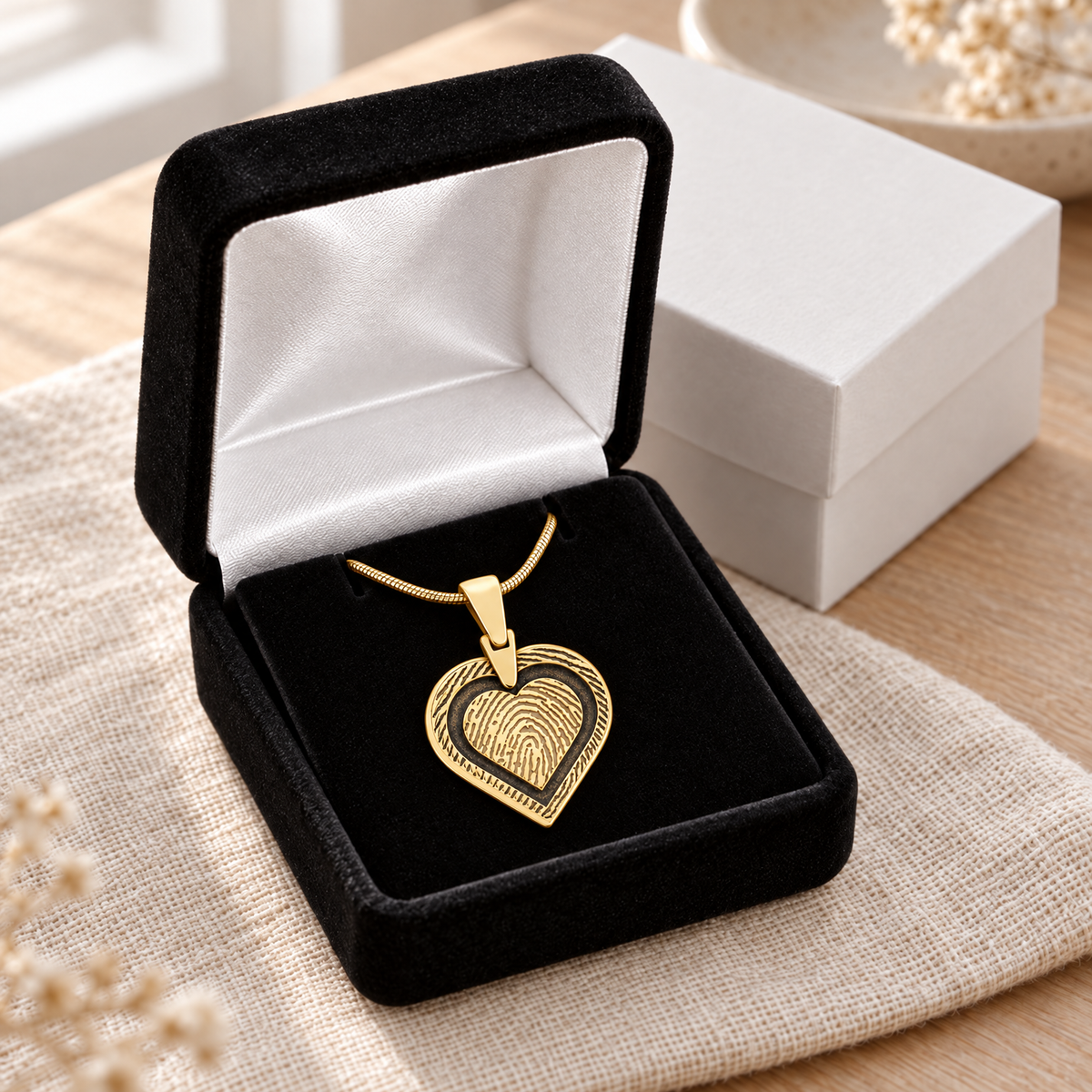 Solid 14k Gold Classic Heart Fingerprint Necklace — gift box — evr4718kg