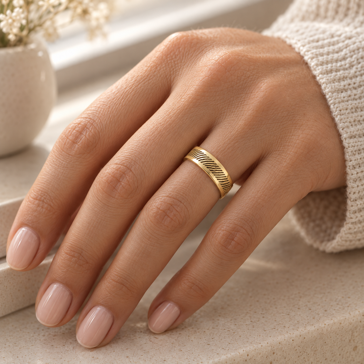 Women's Slender Line Solid 14k Gold Fingerprint Ring — lifestyle — evr30002kg