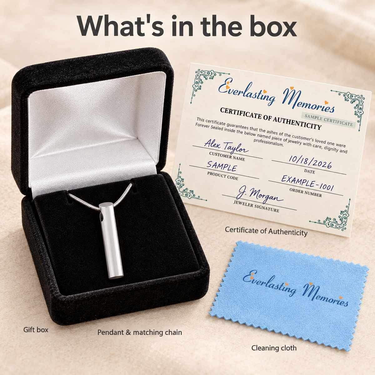 Solid 14K White Gold Simple Cylinder Forever Sealed Memorial Jewelry — whats in box — evr20078wgfs