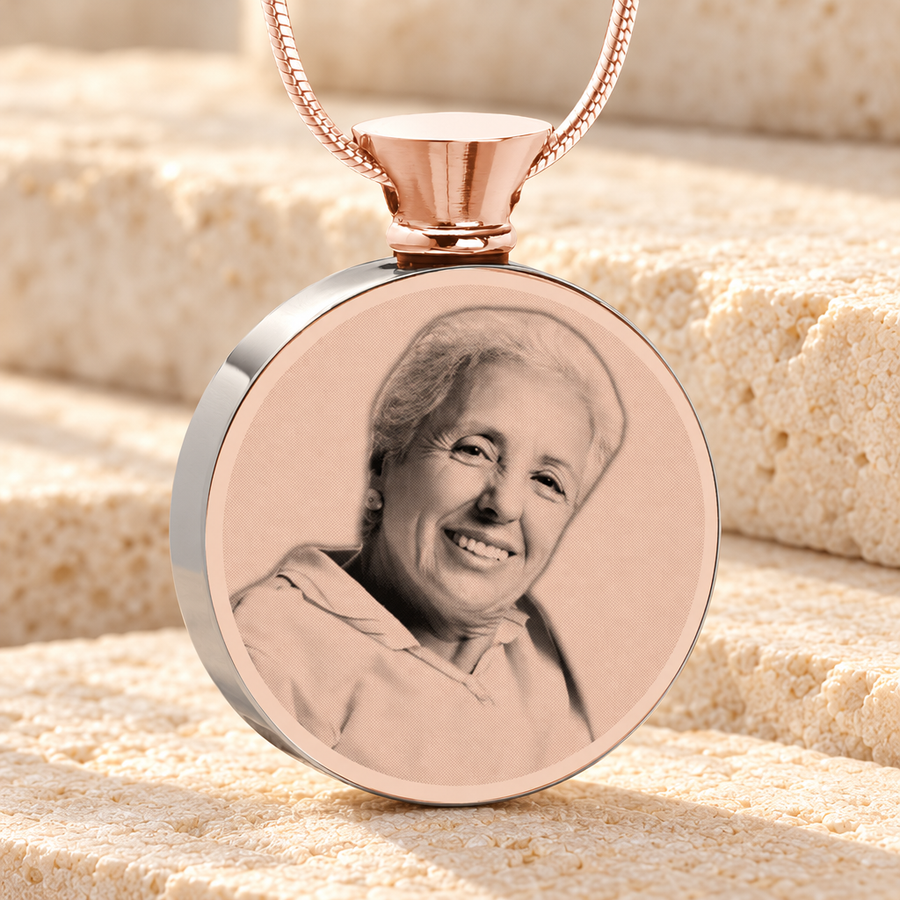 Round Rose Gold Plated Photo Engraved Ash Pendant