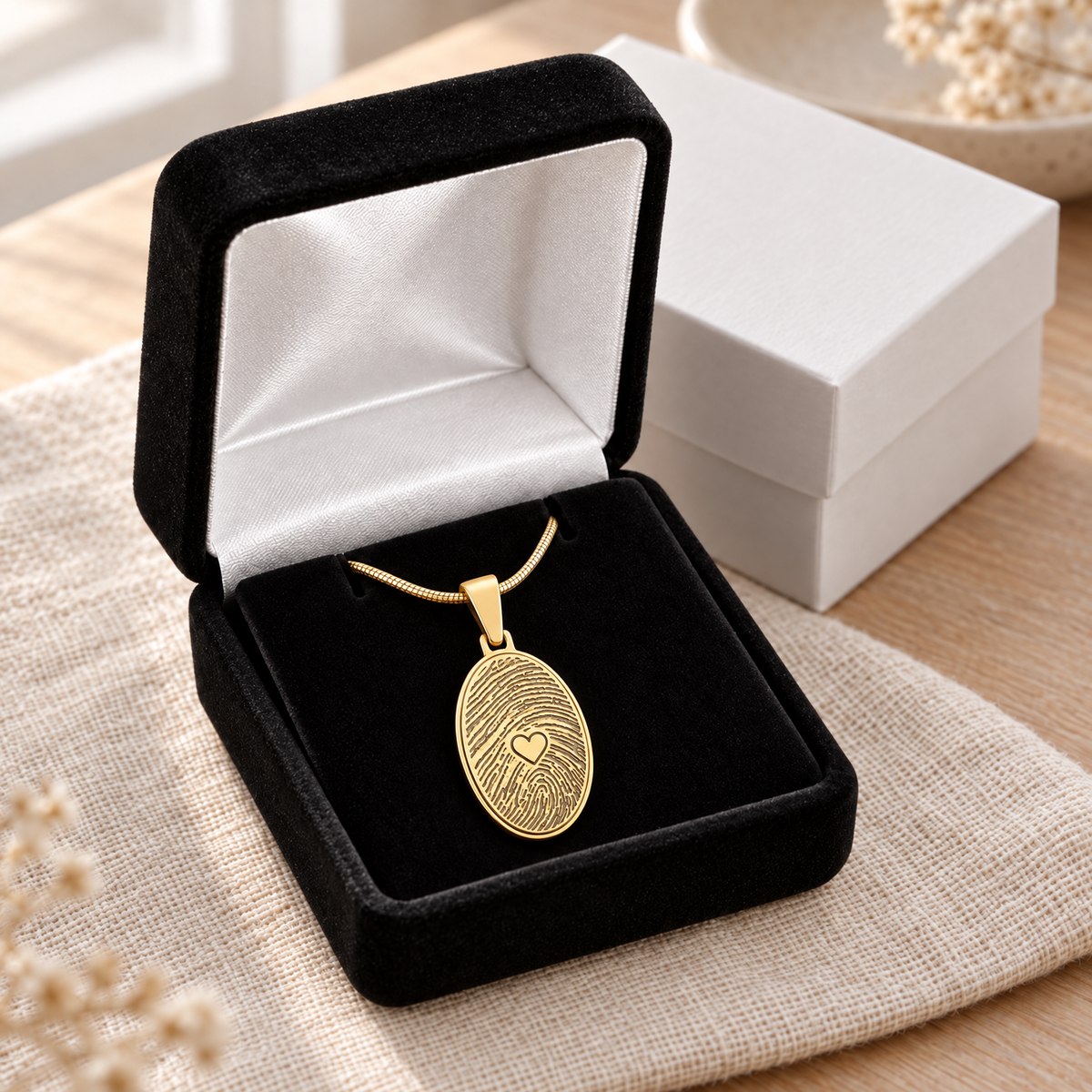 Solid 14k Gold Loved Oval Fingerprint Necklace — gift box — evr4823kg