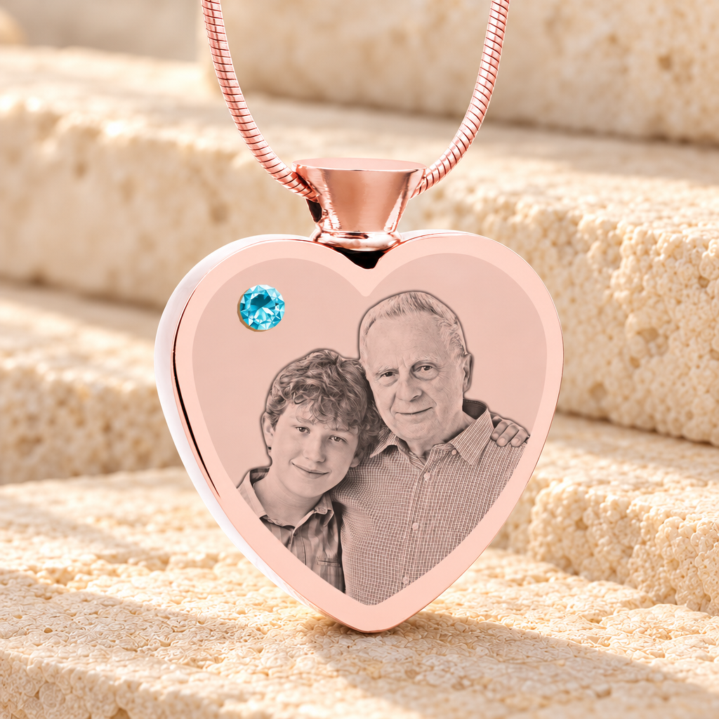 March Birthstone Heart Rose Gold Plated Picture Engraved Ash Pendant — main product image
