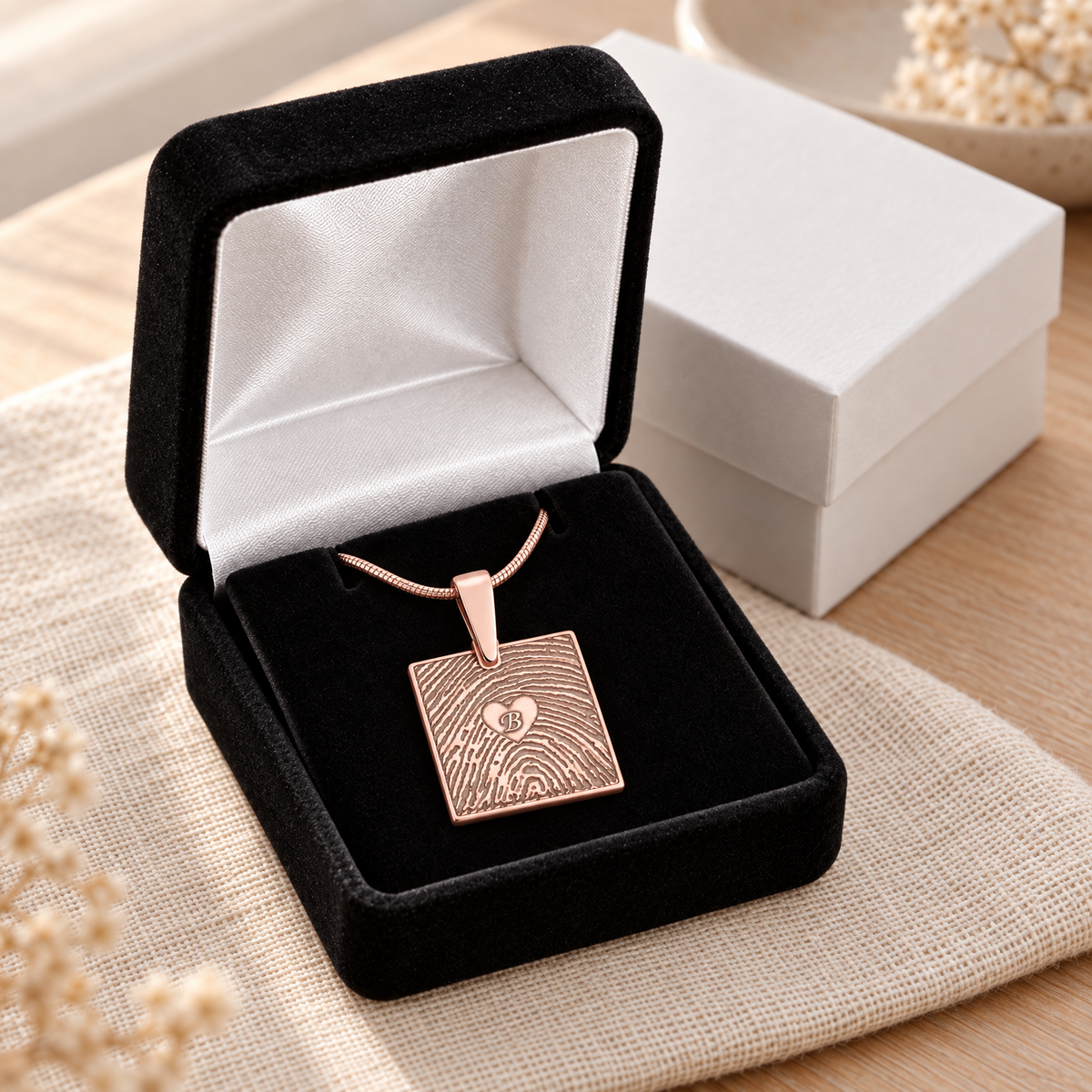 Rose Gold Plated Sterling Silver Initial Square Fingerprint Necklace — gift box — evr4829rg