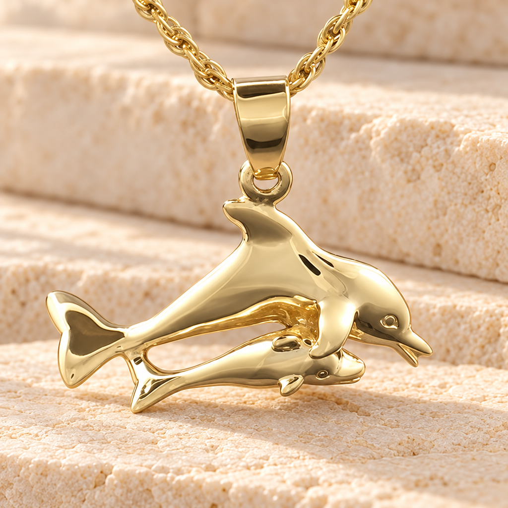14K Gold Plated Mother and Baby Dolphins Funeral Jewelry — main — evr181kg