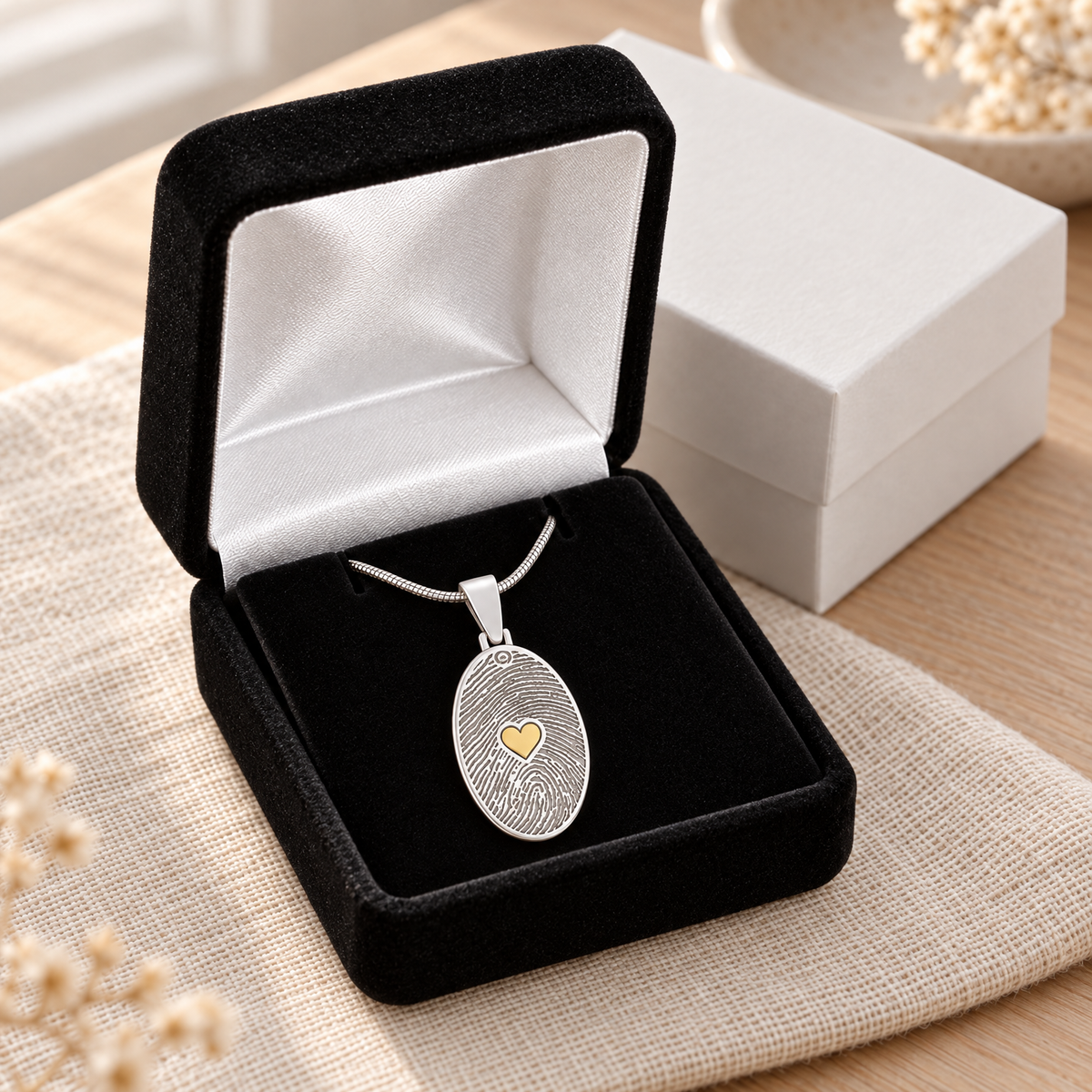 Solid 14k White Gold Loved Oval with Gold Plated Heart Fingerprint Necklace — gift box — evr4824wg