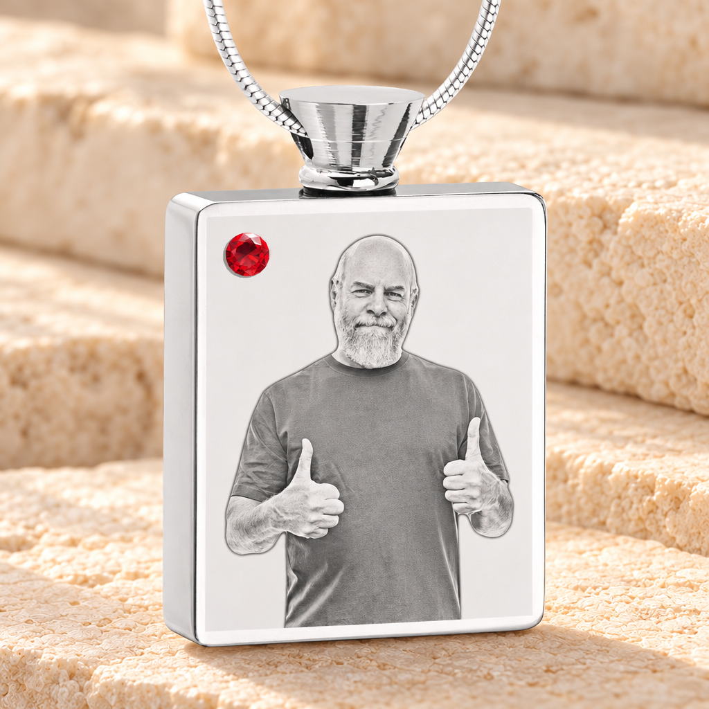 July Birthstone Rectangle Stainless Steel Photo Engraved Ash Pendant — main product image