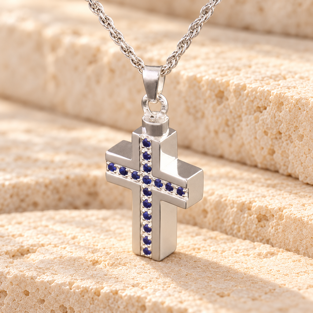 14k White Gold Indigo Cross Memorial Locket — main — evr6335wg