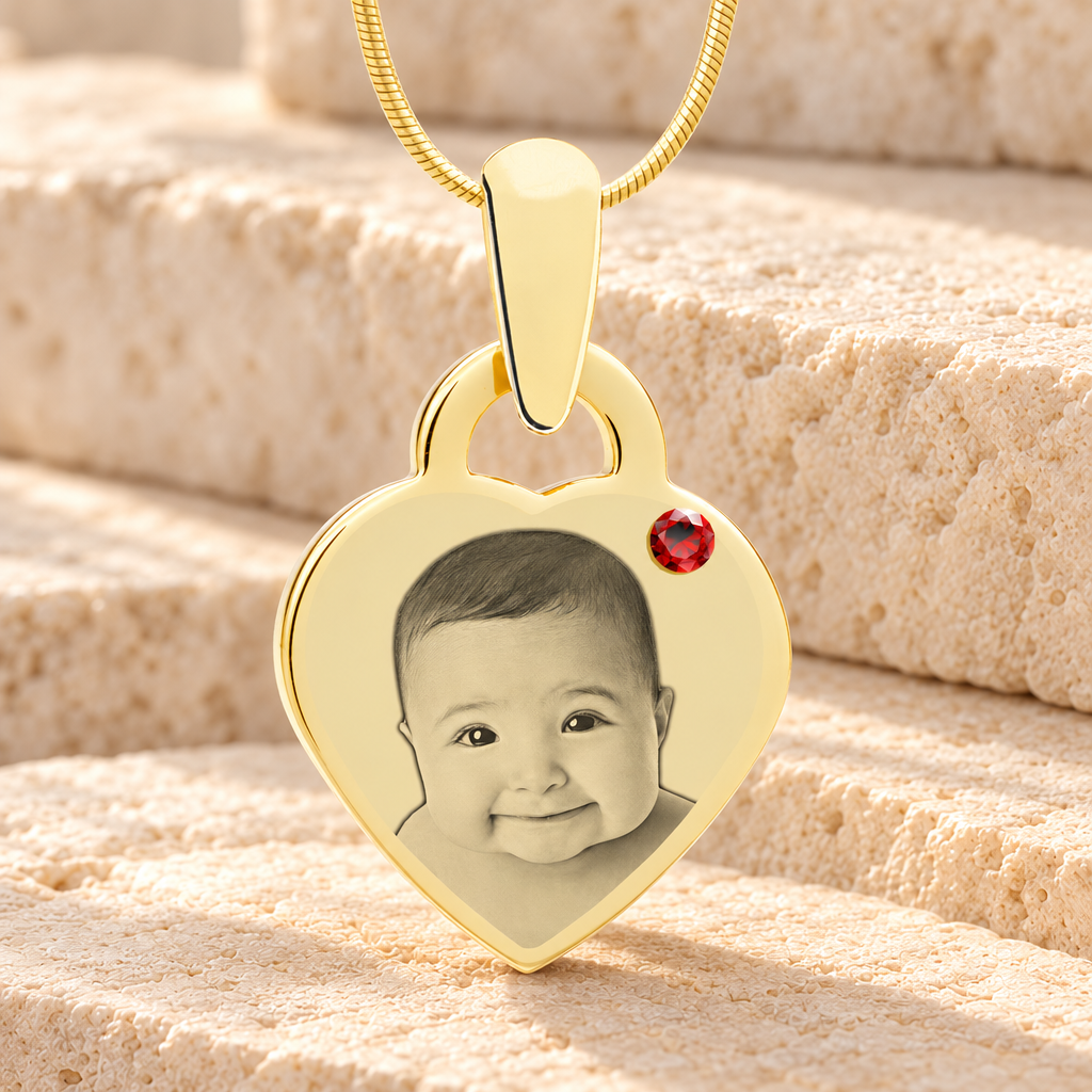 Birthstone Small Heart January Photo Engraved Gold Plated over Stainless Keepsake — main product image