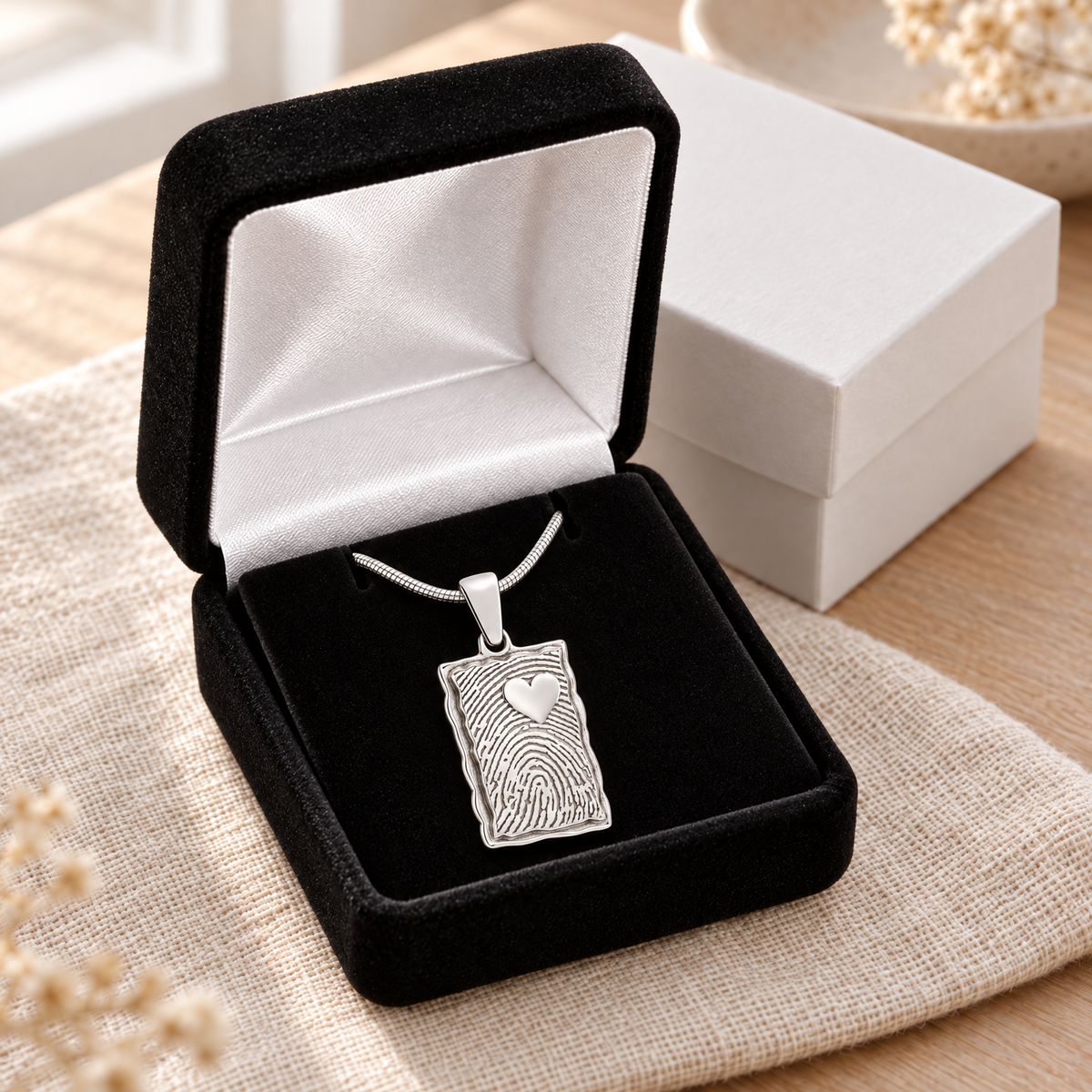Solid 14k White Gold Loved Rectangle Fingerprint Necklace — gift box — evr4712wg