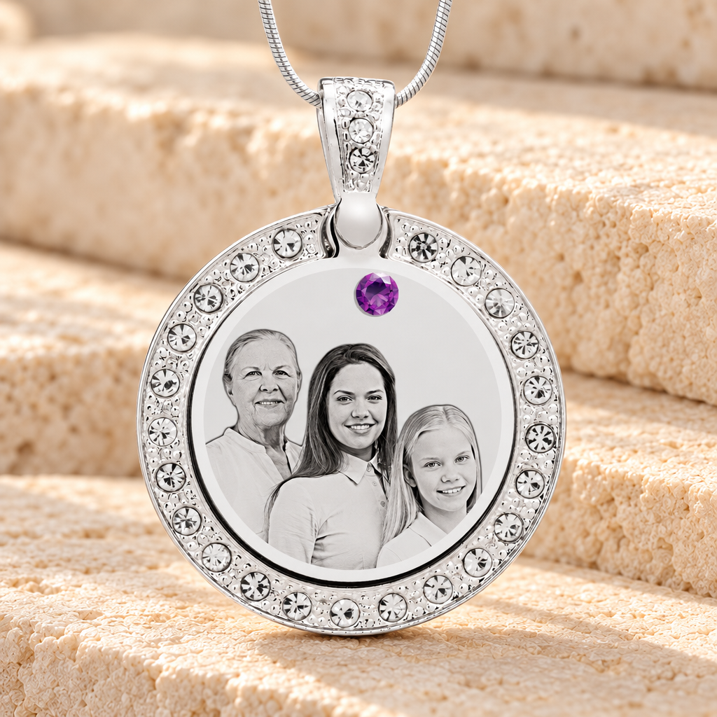 Birthstone Gem Circle February Photo Engraved Stainless Keepsake — main product image