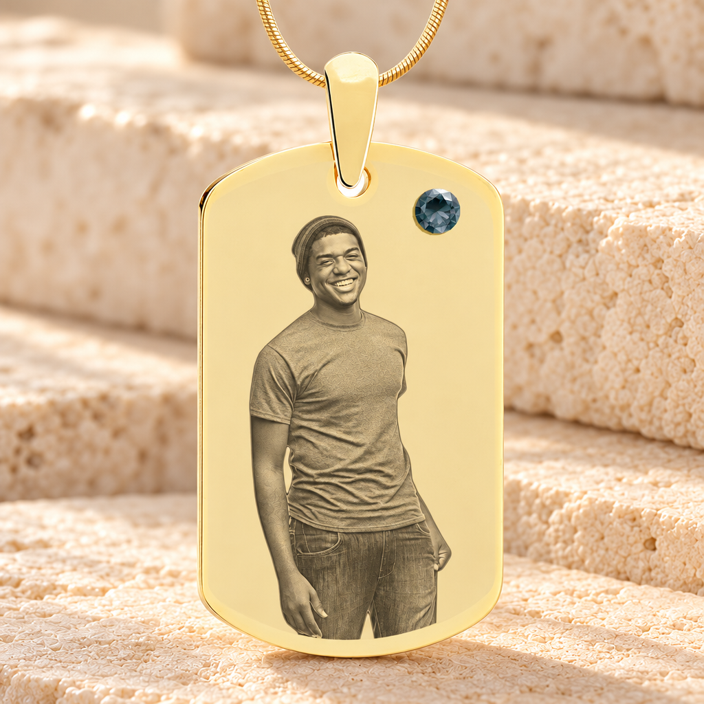 Birthstone Large Dog Tag December Photo Engraved Gold Plated over Stainless Keepsake — main product image