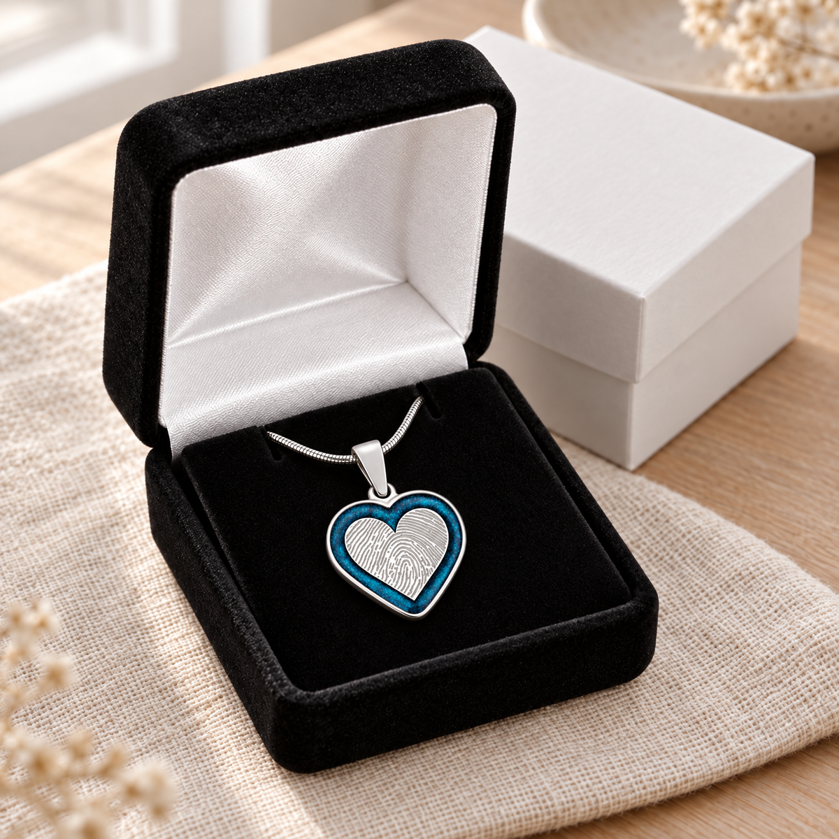 Sterling Silver Color Me Blue Heart Fingerprint Necklace — gift box — evr4831s