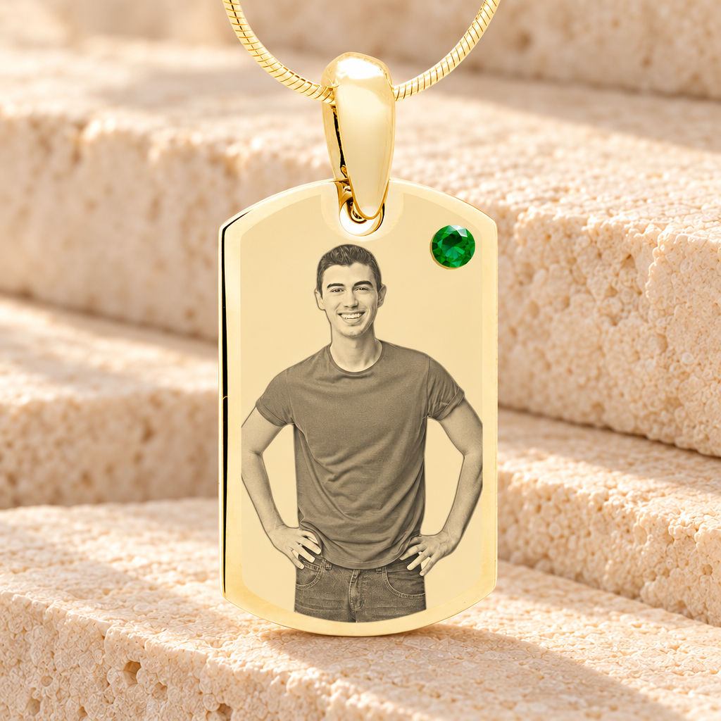 Birthstone Small Dog Tag May Gold Plated over Stainless Steel Photo Pendant — main product image