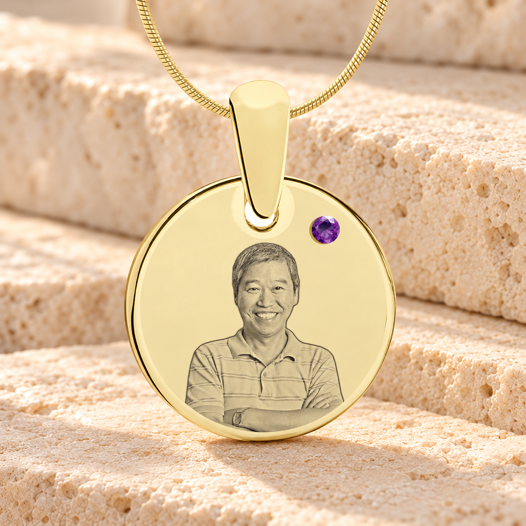 Birthstone Round February Photo Engraved Gold Plated over Stainless Keepsake — main product image