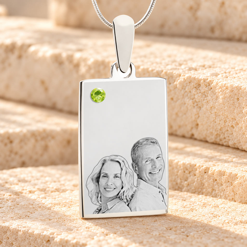 Birthstone Rectangle August Photo Engraved Stainless Keepsake — main product image