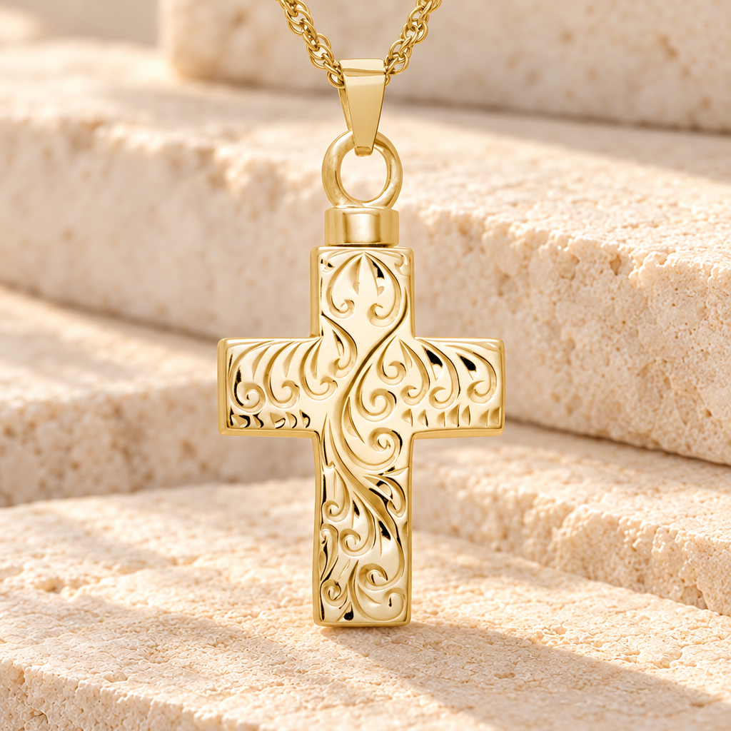 14K Gold Plated Etched Cross Memorial Locket — main — evr121g