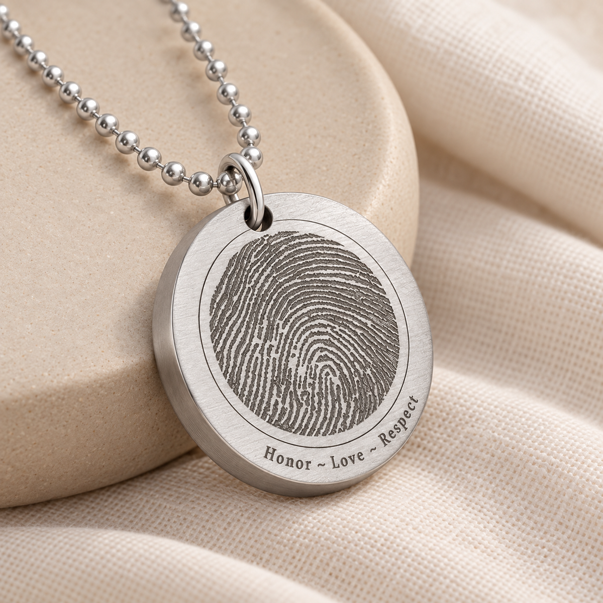 Thick Round Brushed Stainless Fingerprint Necklace — alternate view — evr4891fp