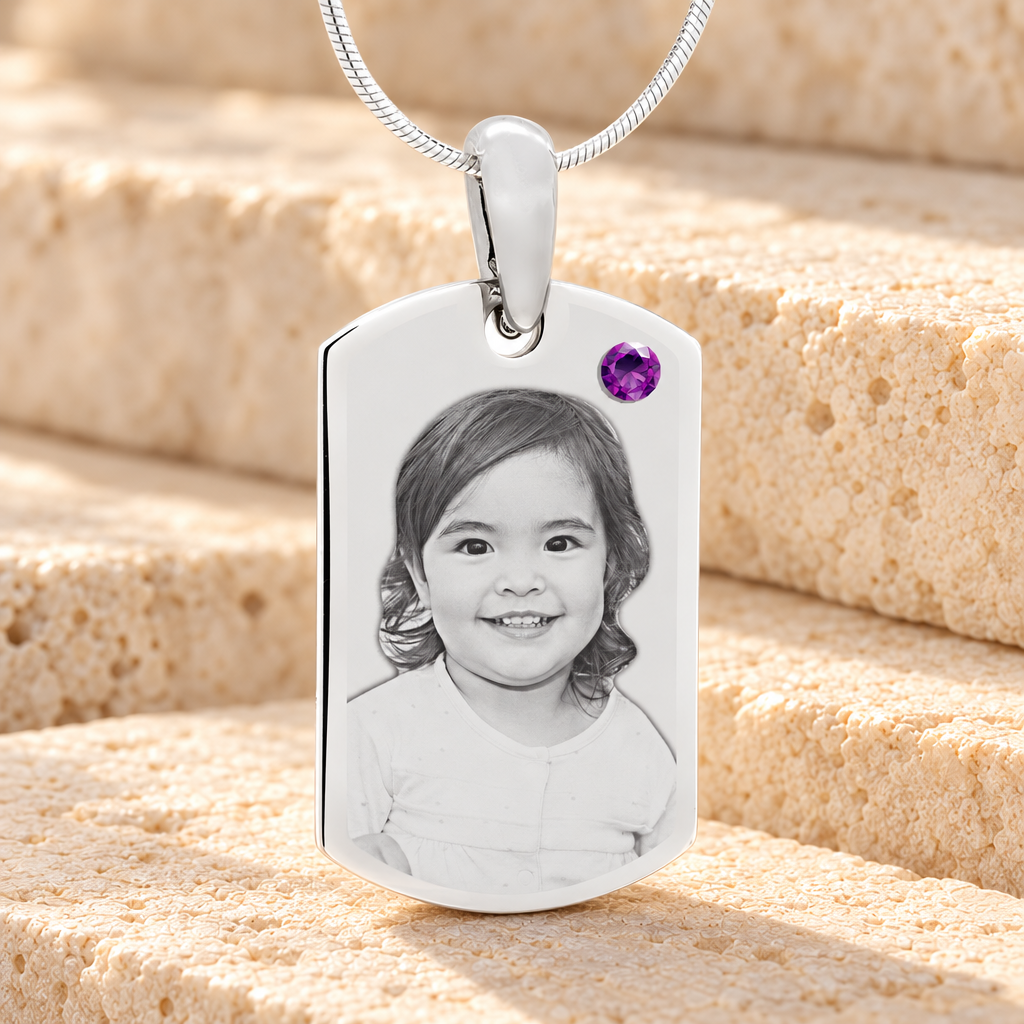 Birthstone Small Dog Tag February Stainless Steel Photo Pendant — main product image