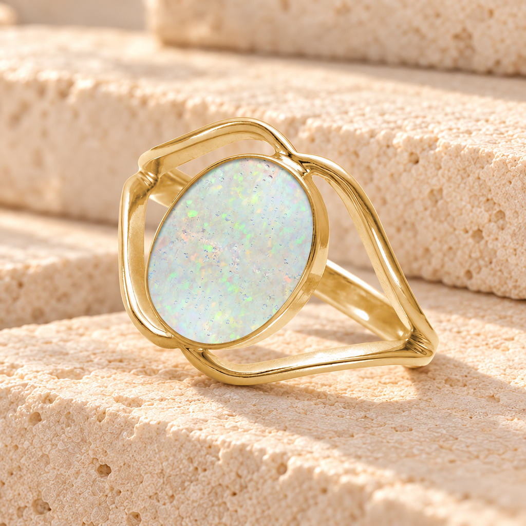 Solid 14K Gold Women's Spinnacker Ash Ring with Crushed Cream Opal — main product image