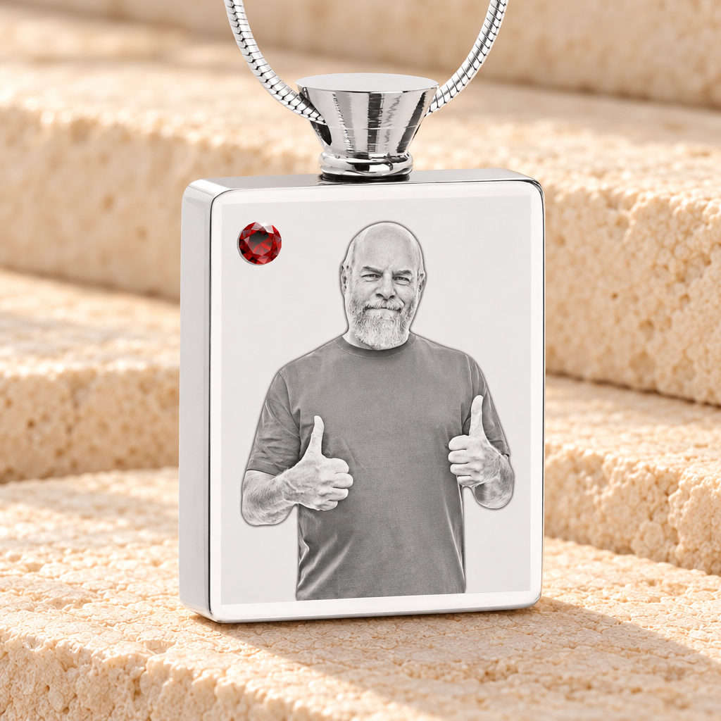 January Birthstone Rectangle Stainless Steel Photo Engraved Ash Pendant — main product image