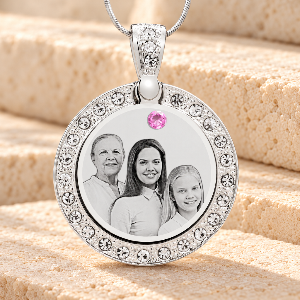 Birthstone Gem Circle June Photo Engraved Stainless Keepsake — main product image