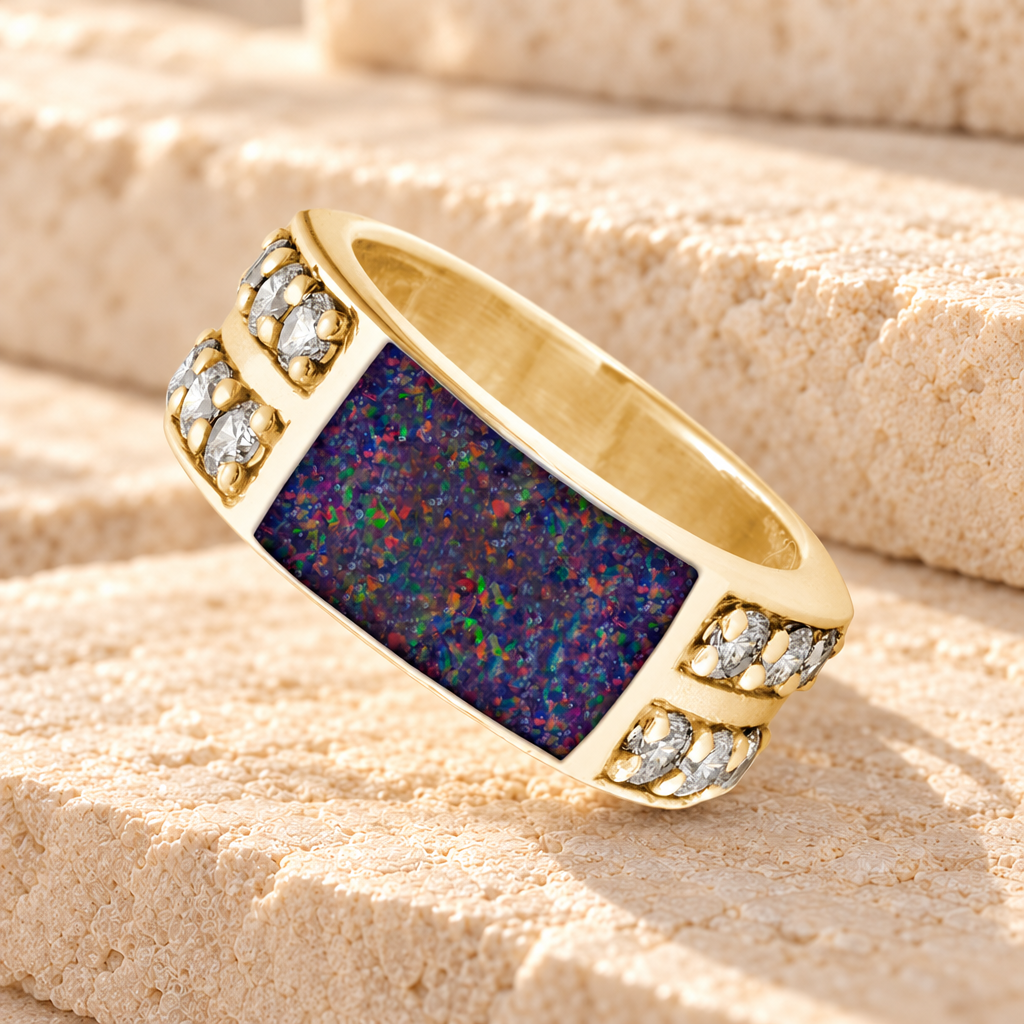 Solid 14K Gold Men's Yellowstone Ash Ring with Black Flame Opal — main product image