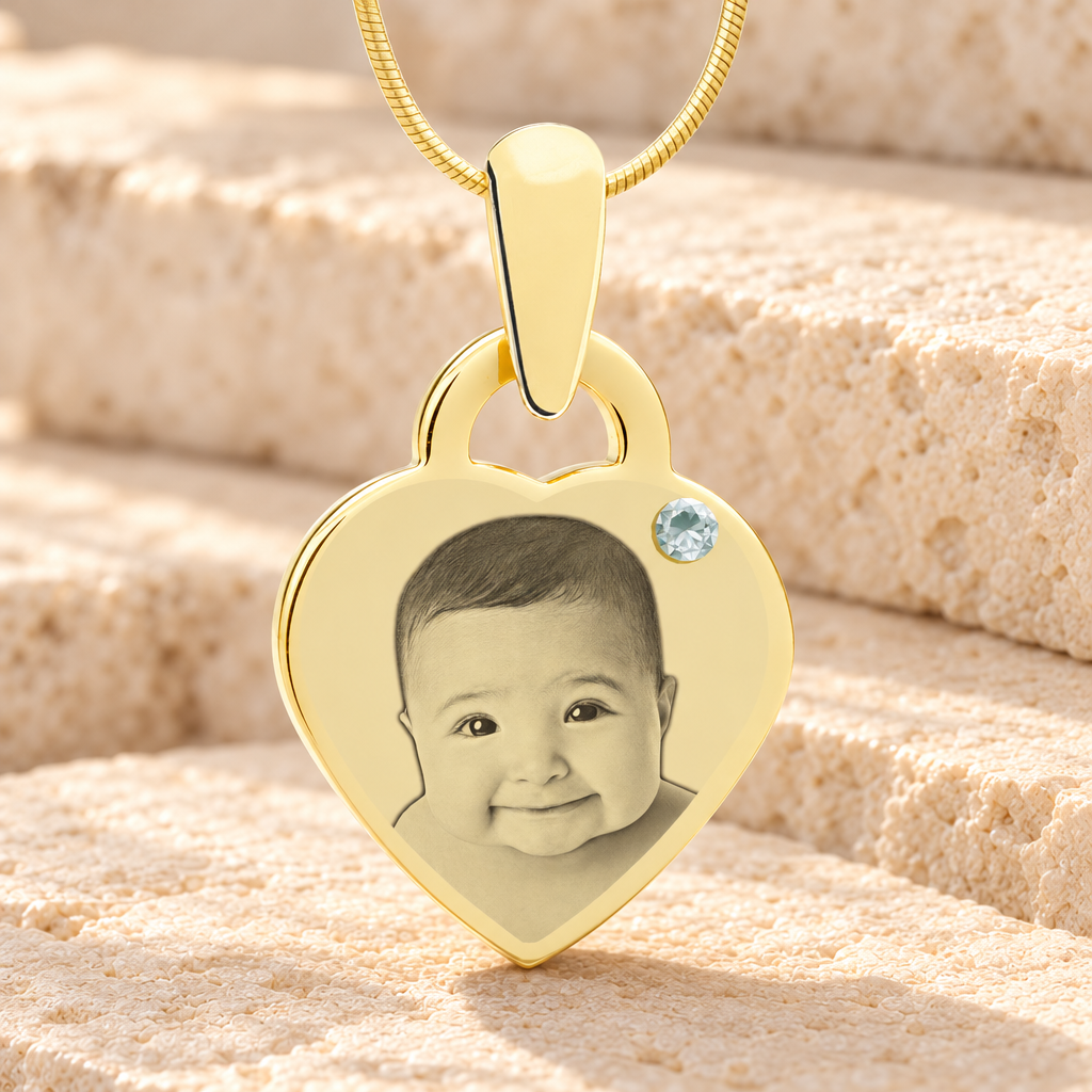 Birthstone Small Heart April Photo Engraved Gold Plated over Stainless Keepsake — main product image