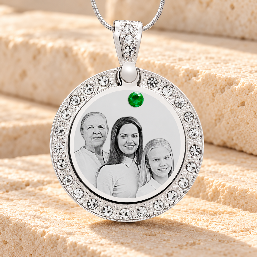 Birthstone Gem Circle May Photo Engraved Stainless Keepsake — main product image