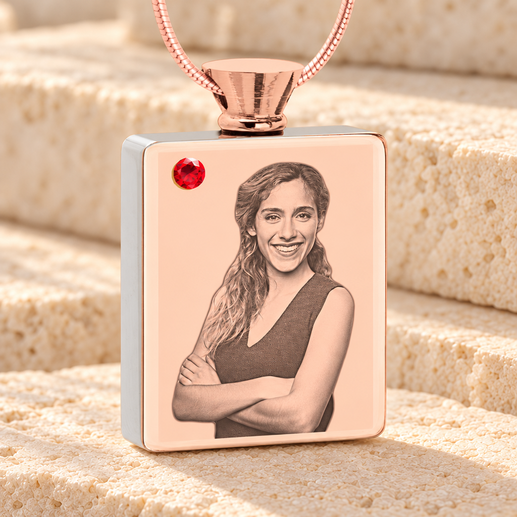 July Birthstone Rectangle Rose Gold Plated Photo Engraved Ash Pendant — main product image