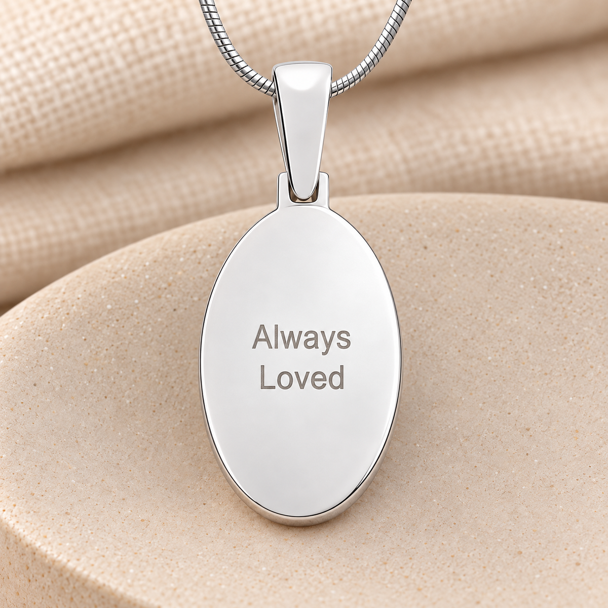 Solid 14k White Gold Loved Oval Fingerprint Necklace — rear engraving — evr4823wg