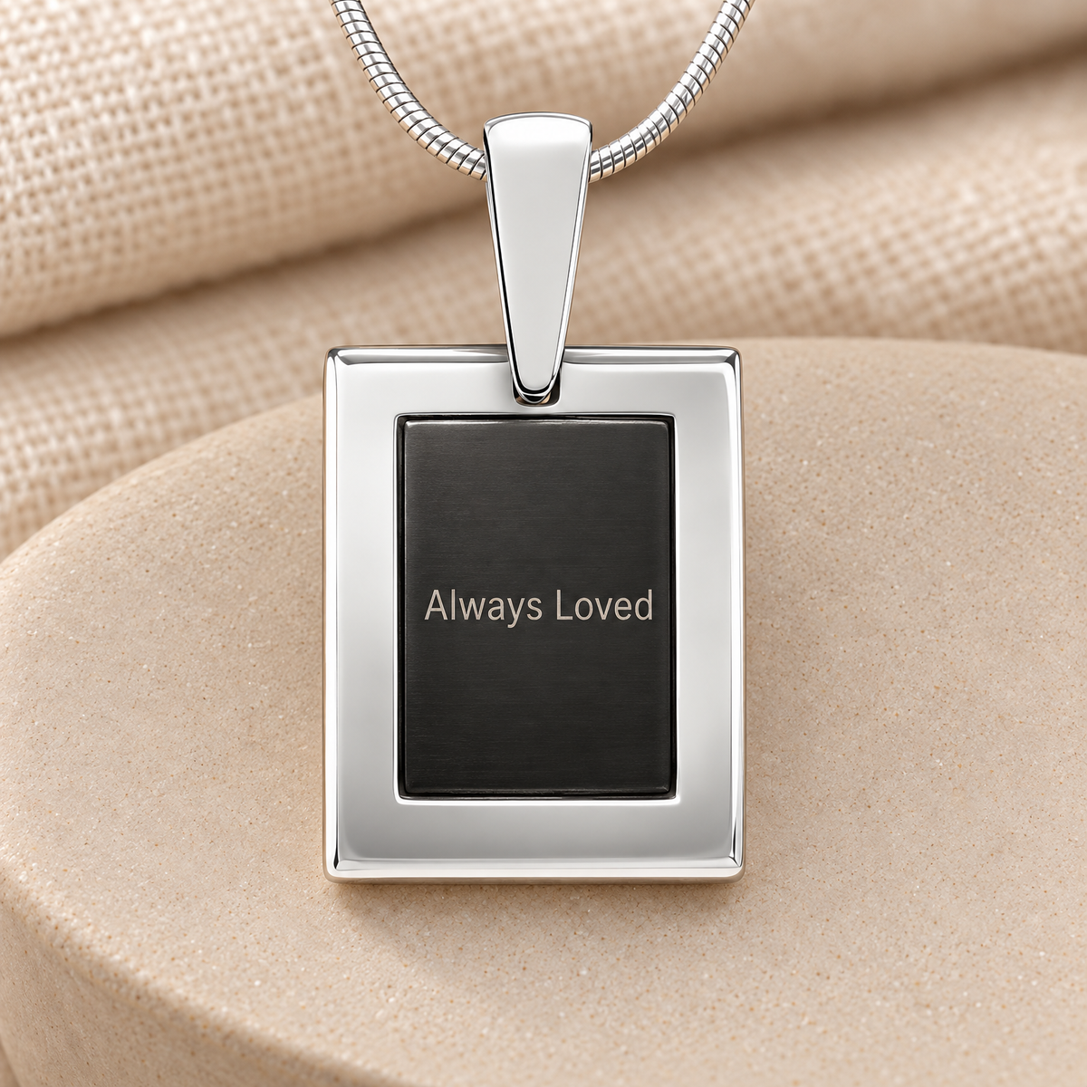 Black Square Silver Frame Fingerprint Necklace — rear engraving — evr4802sb